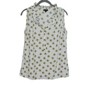 Talbots Career Tank Top Womens White Dot And Daisy Semi Sheer Ruffle Neck XS